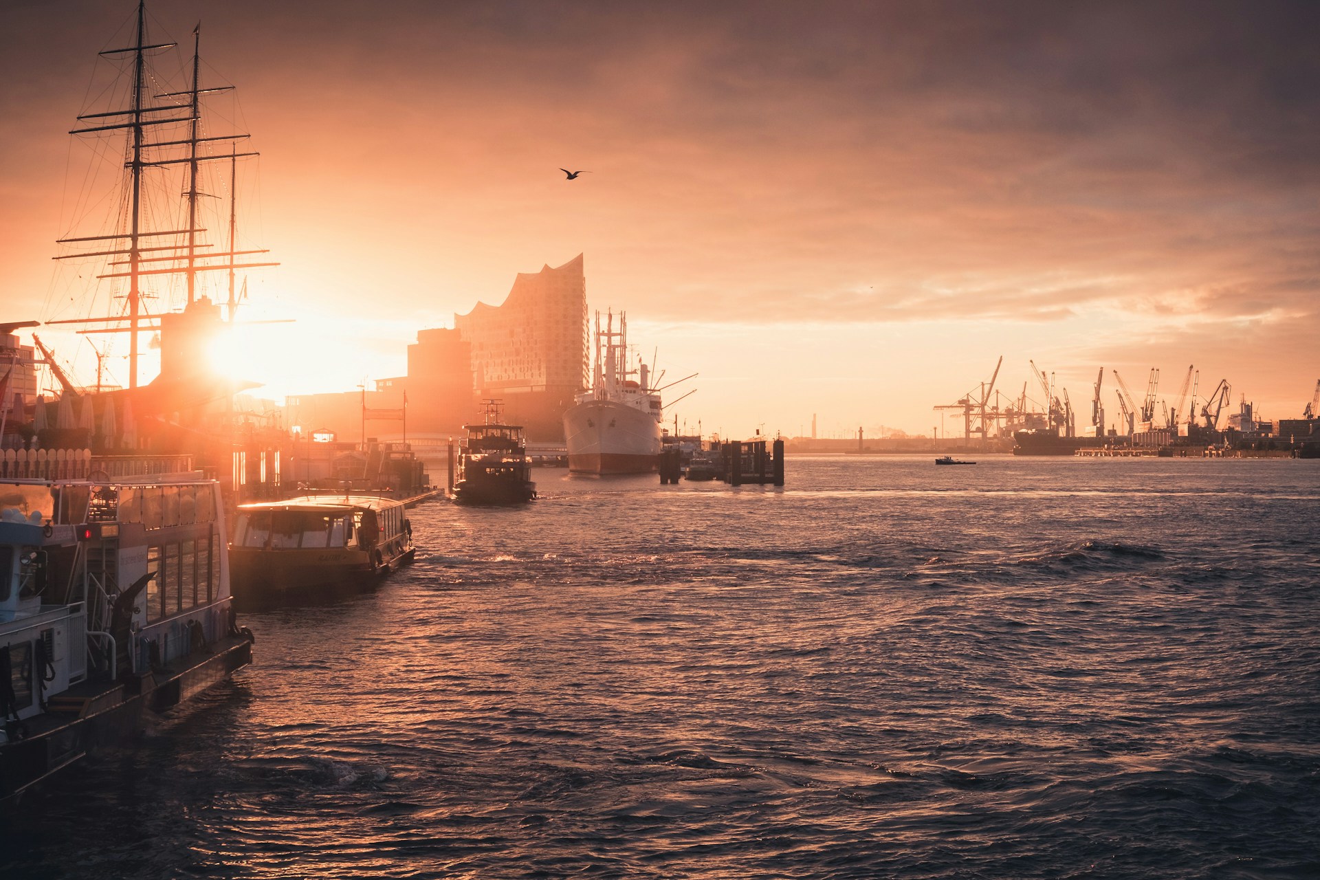 The port of Hamburg at sunset