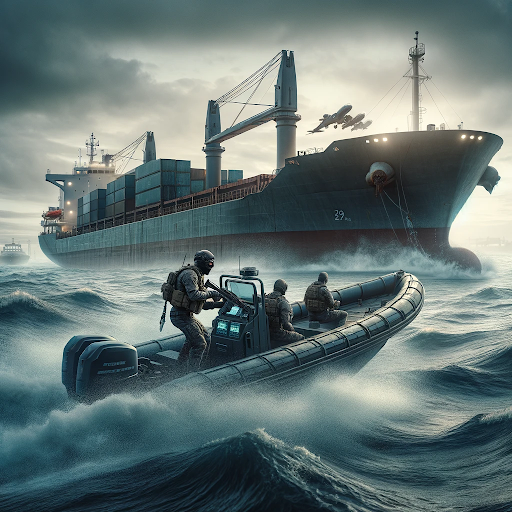 AI generated image of modern pirates and container ship