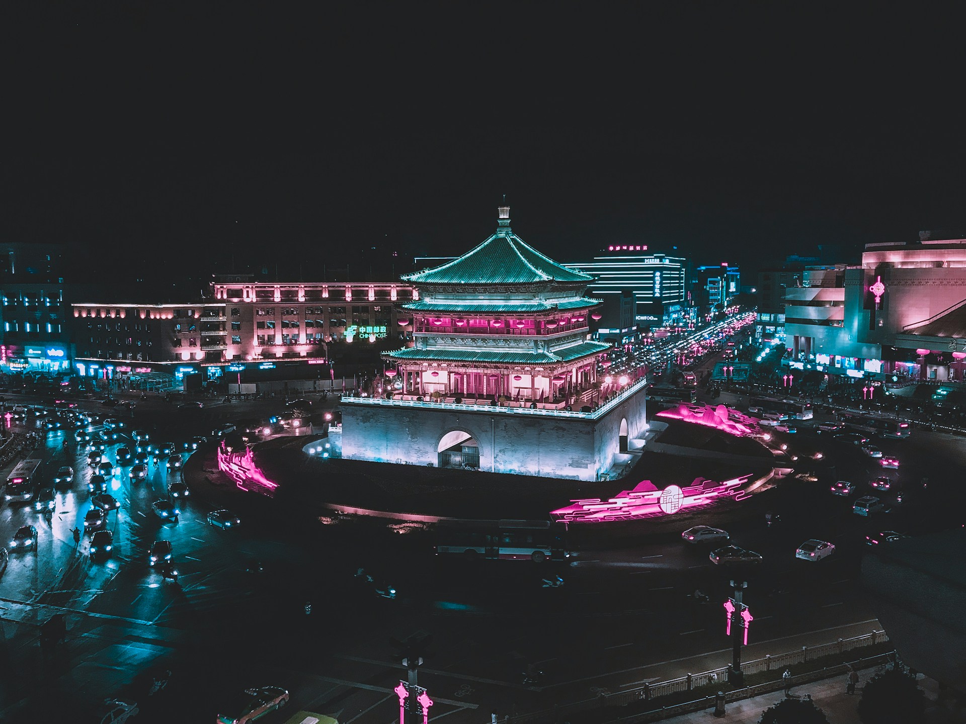 A neon-lit temple in the middle of Xi'an