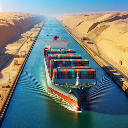 AI generated image of a containership passing through the Suez Canal