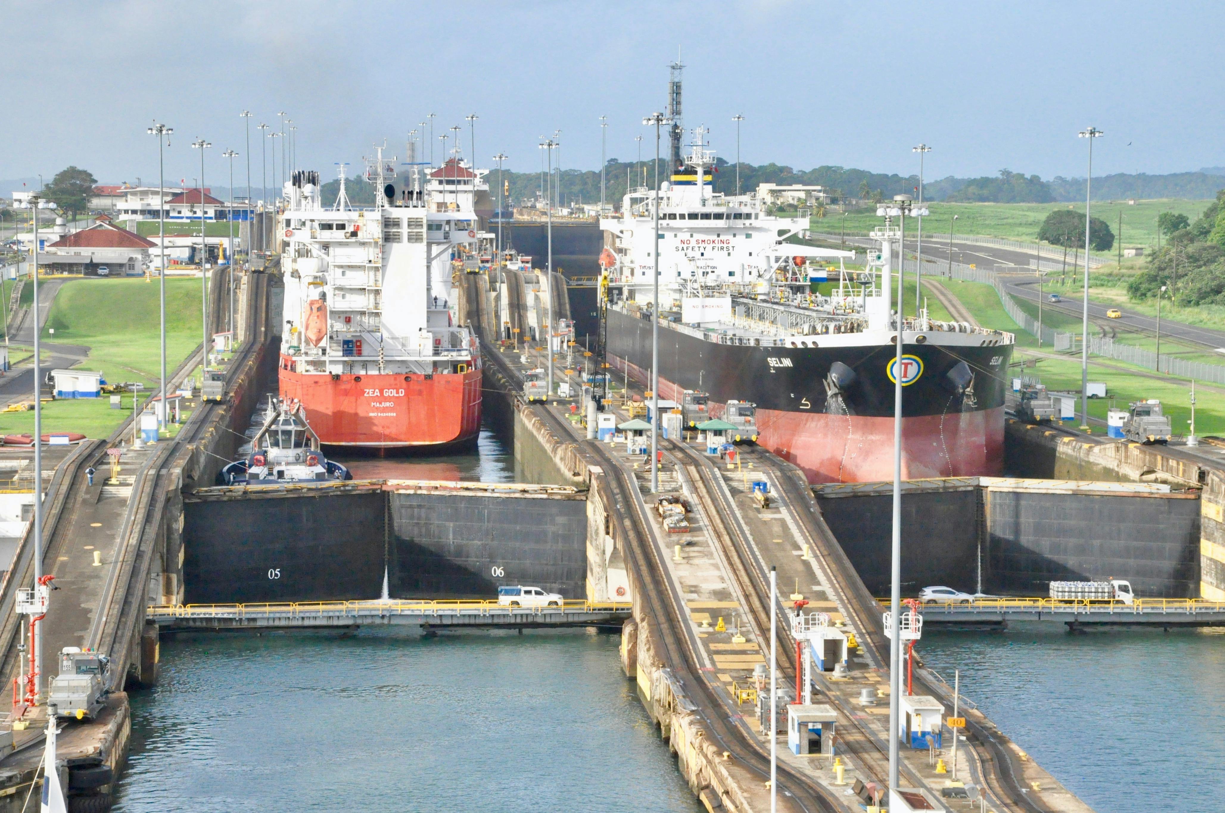 Two ships in locks at the Panama Canal
