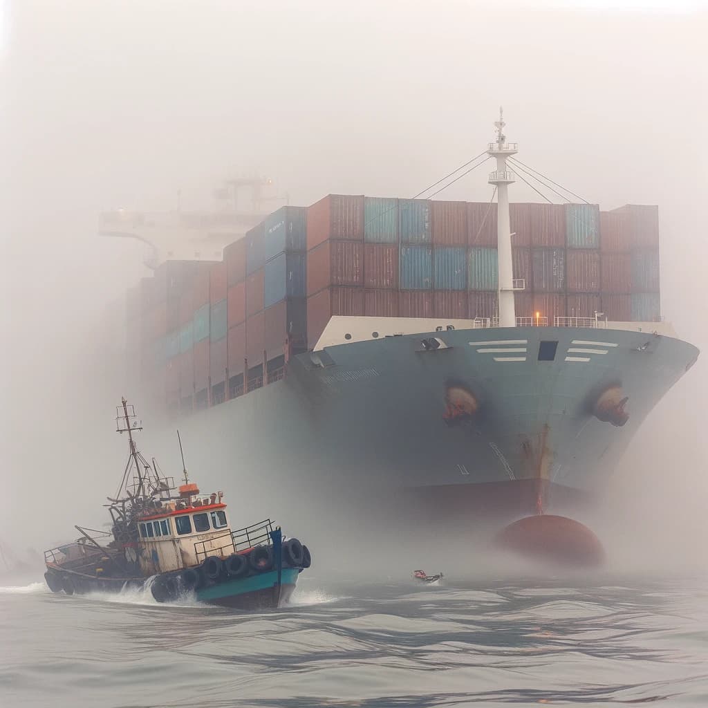 A container ship hitting a fishing boat in dense  fog