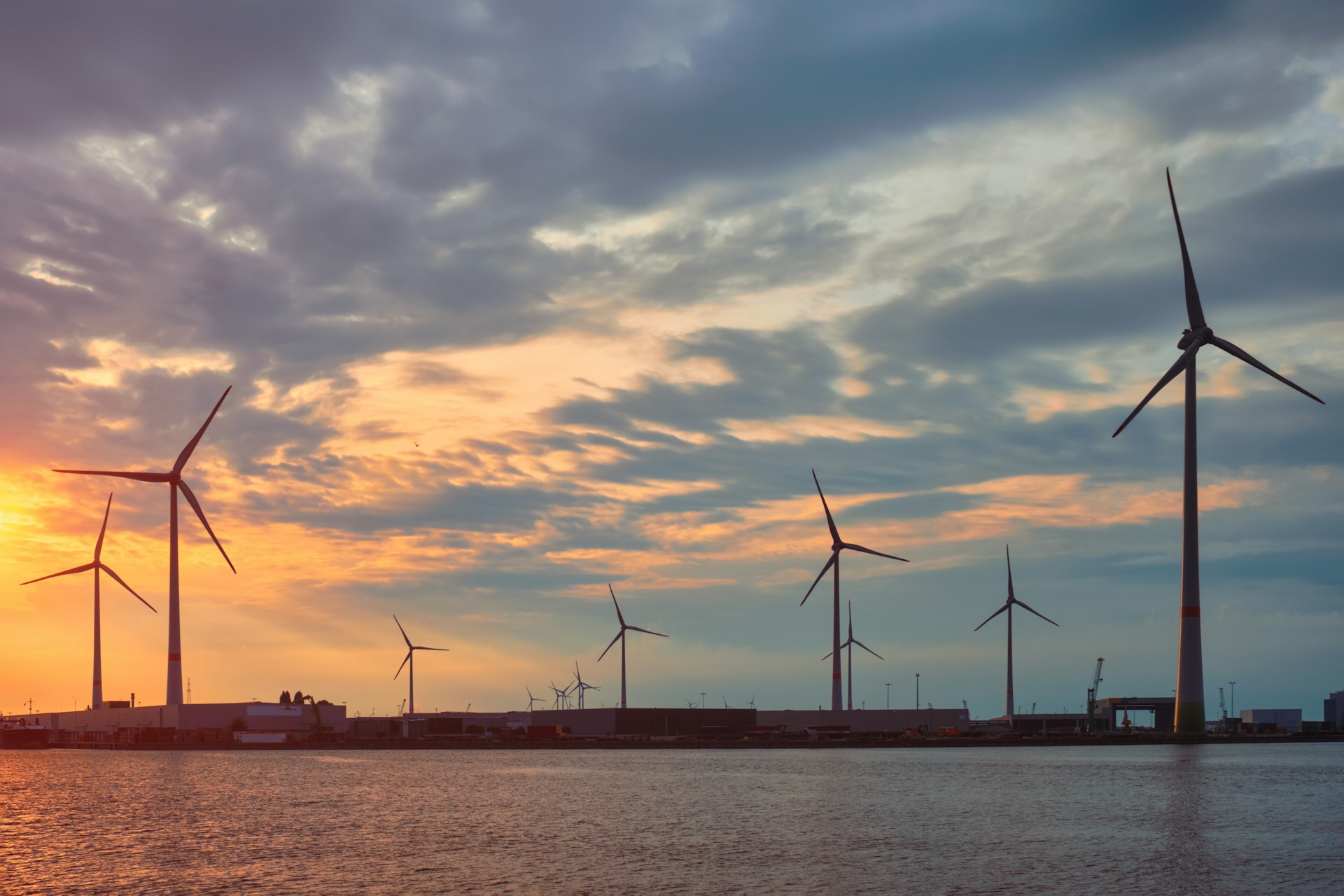Wind farm at the port of Antwerp at sunset