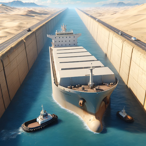 AI generated image of a cargo ship being assisted by tugs in the Suez Canal