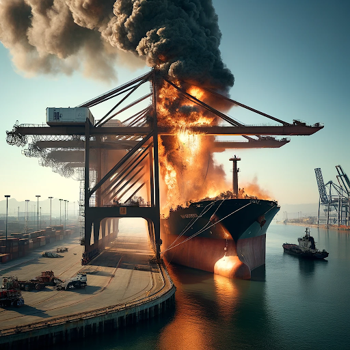 AI generated image of a crane on fire in a port