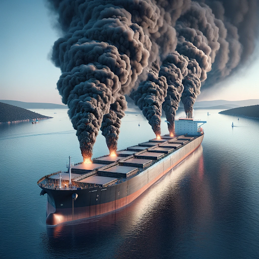 A bulk carrier on fire with smoke coming from its hold