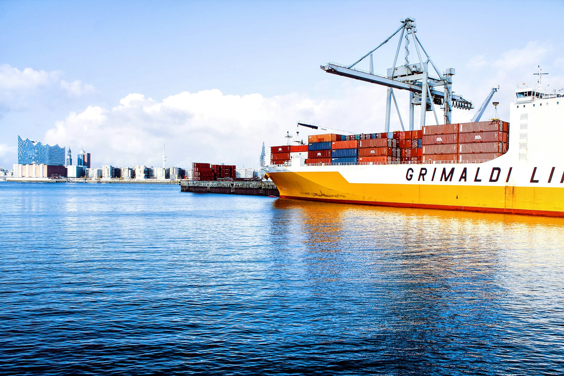 A Grimaldi Lines container ship in port