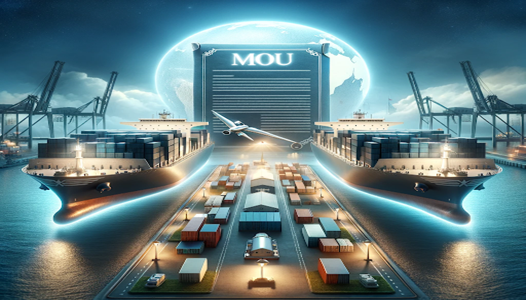 MoU sign and cargo ships in port