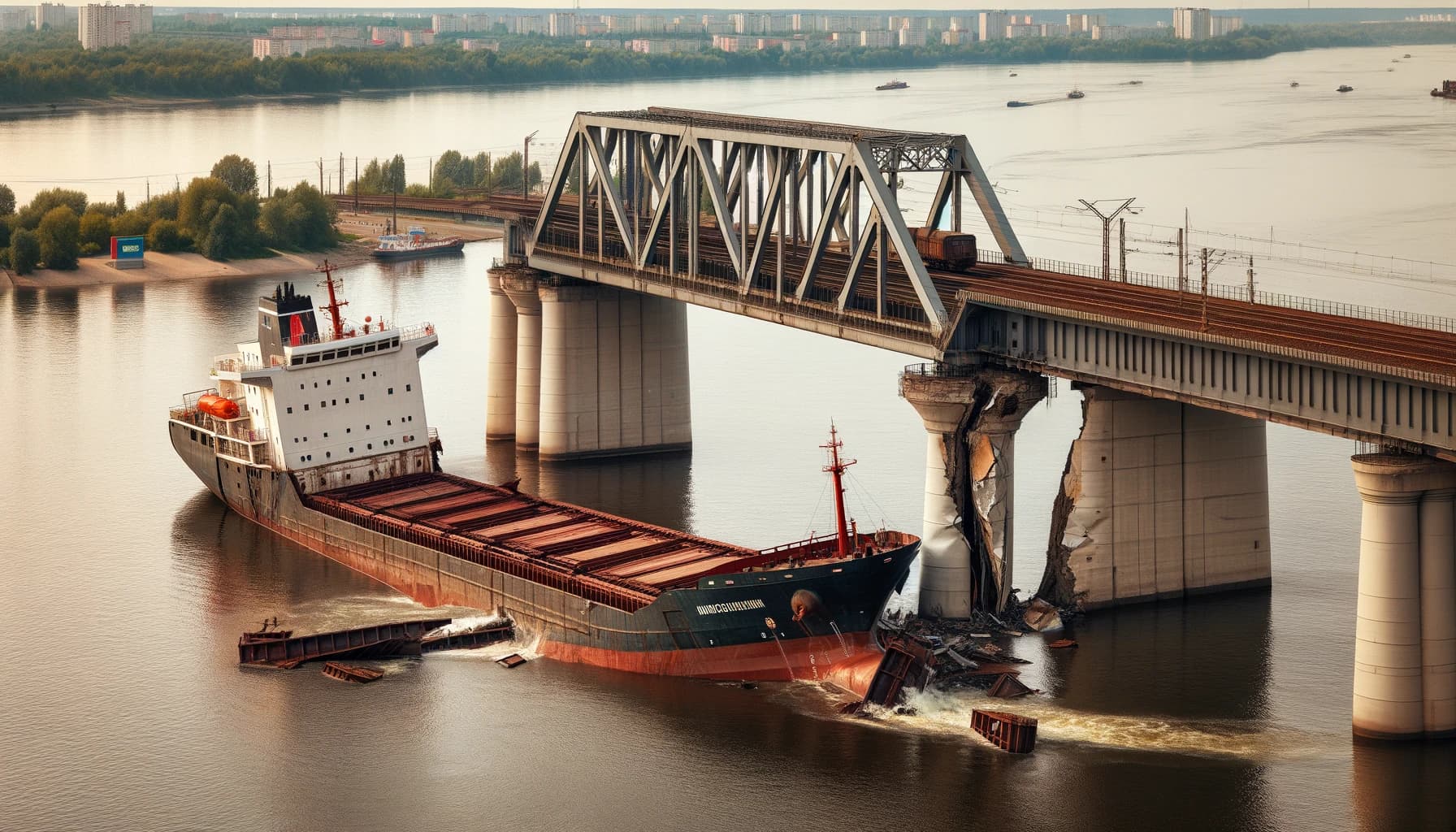 AI generated image showing a cargo ship hitting a railway bridge in Russia