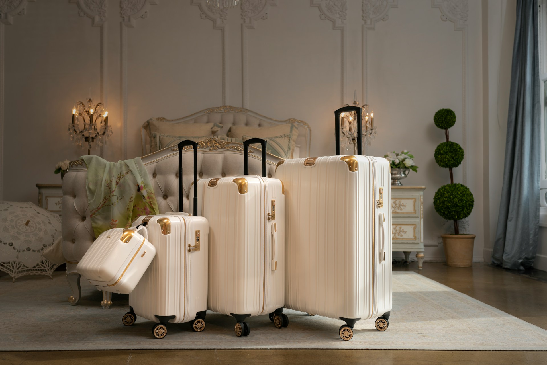 A set of luggage in a stylish bedroom