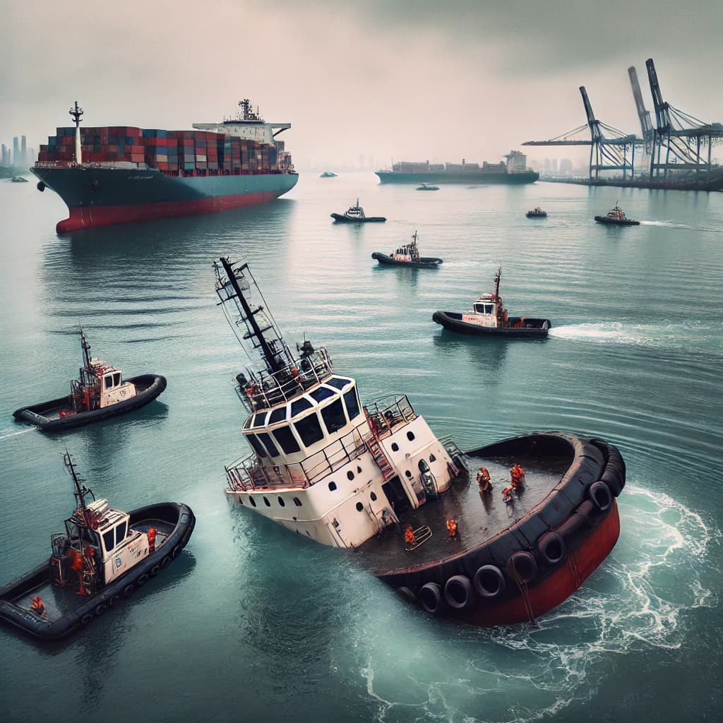 A tugboat sinking in a port