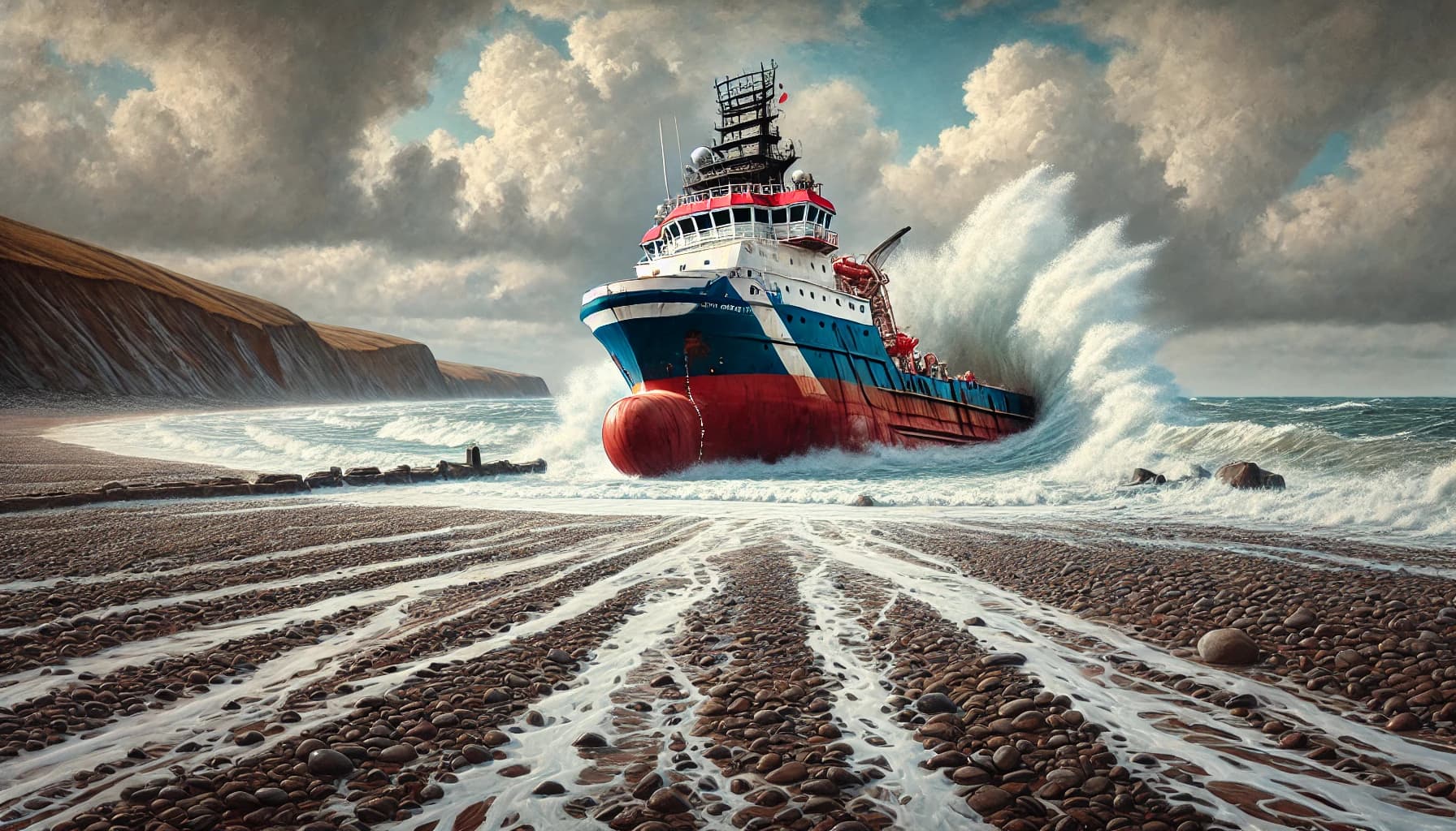 An offshore supply vessel grounded on a pebble beach in Wales