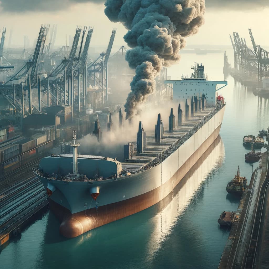 AI generated image of a bulk carrier with smoke coming from its cargo hold while in dock