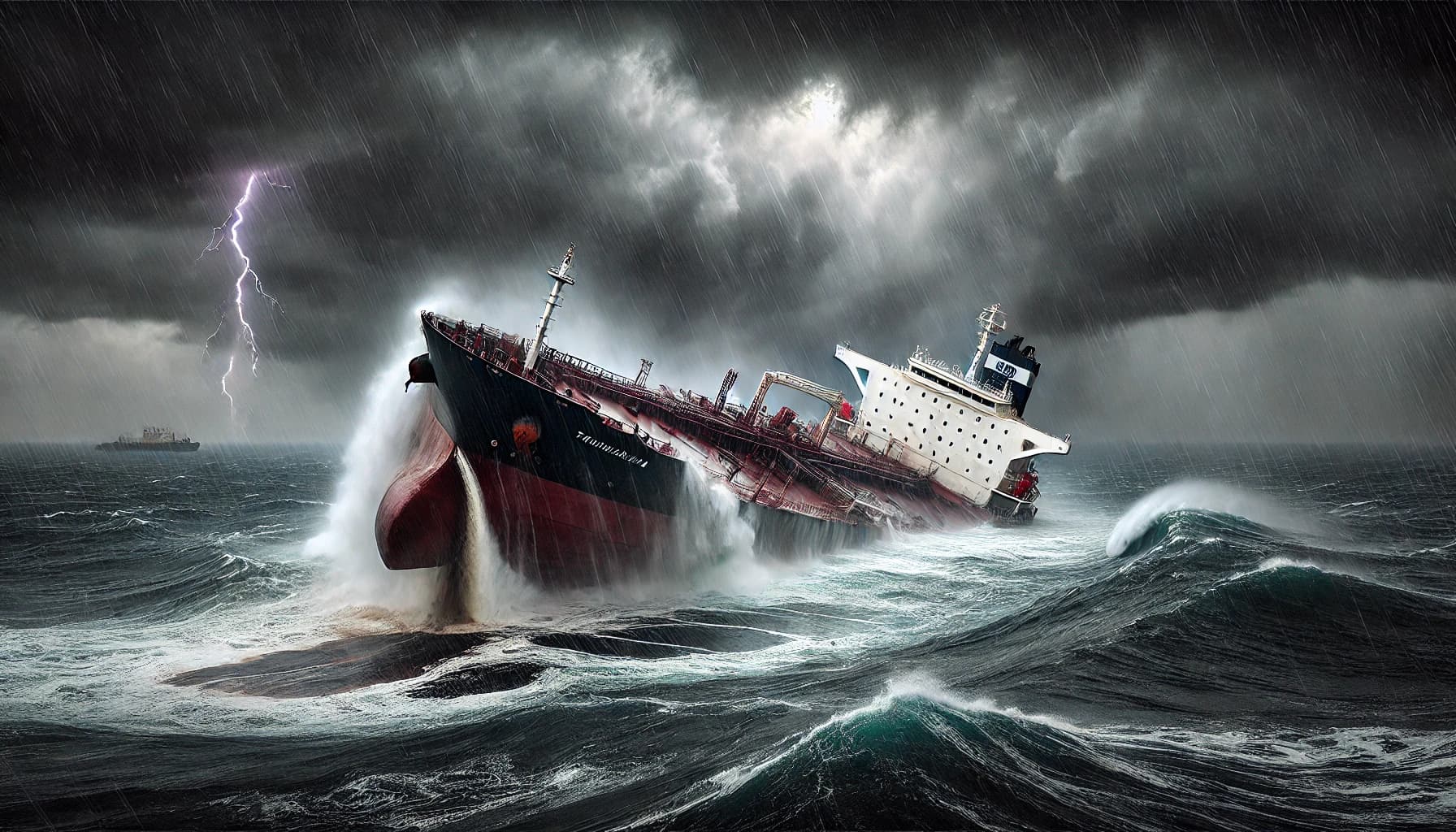 an oil tanker sinking during a storm at sea