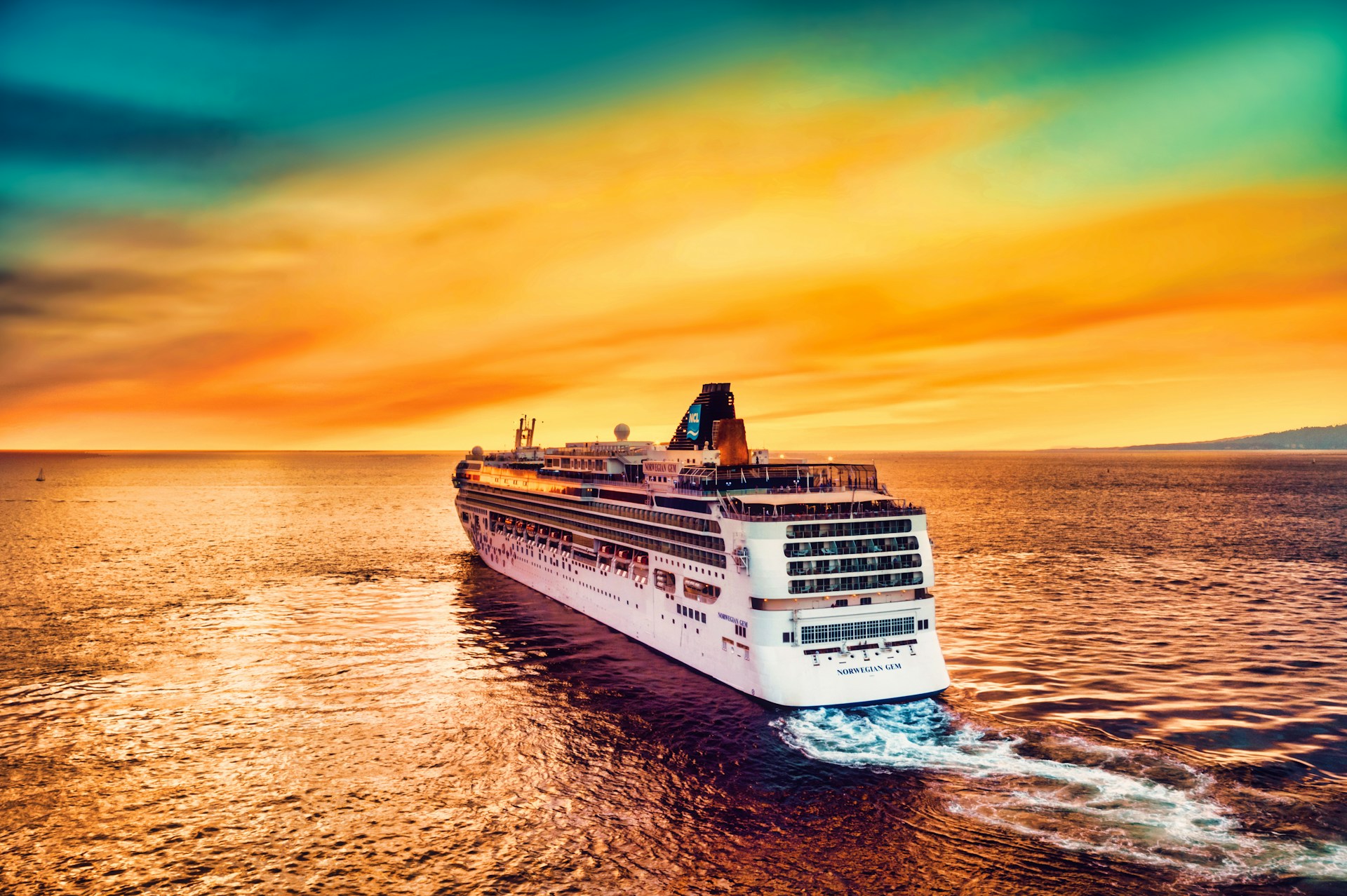 A cruise ship at sunset