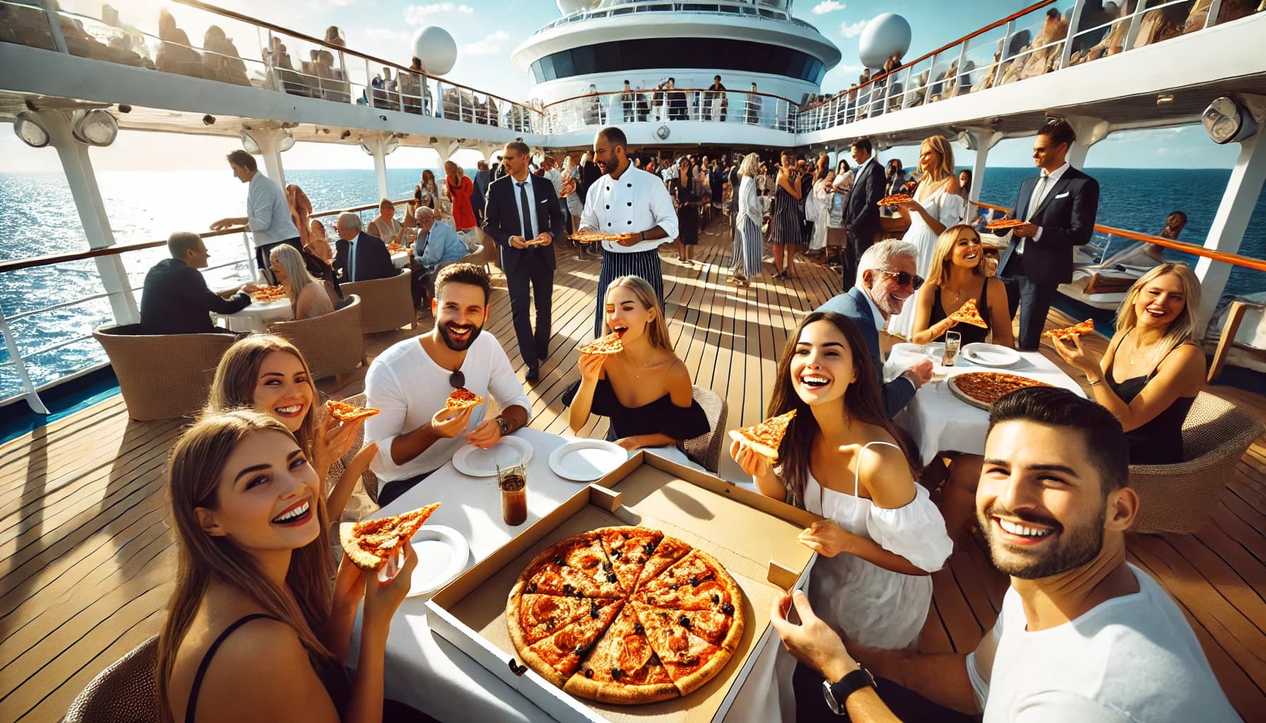 Guests on a cruise ship enjoying slices of pizza