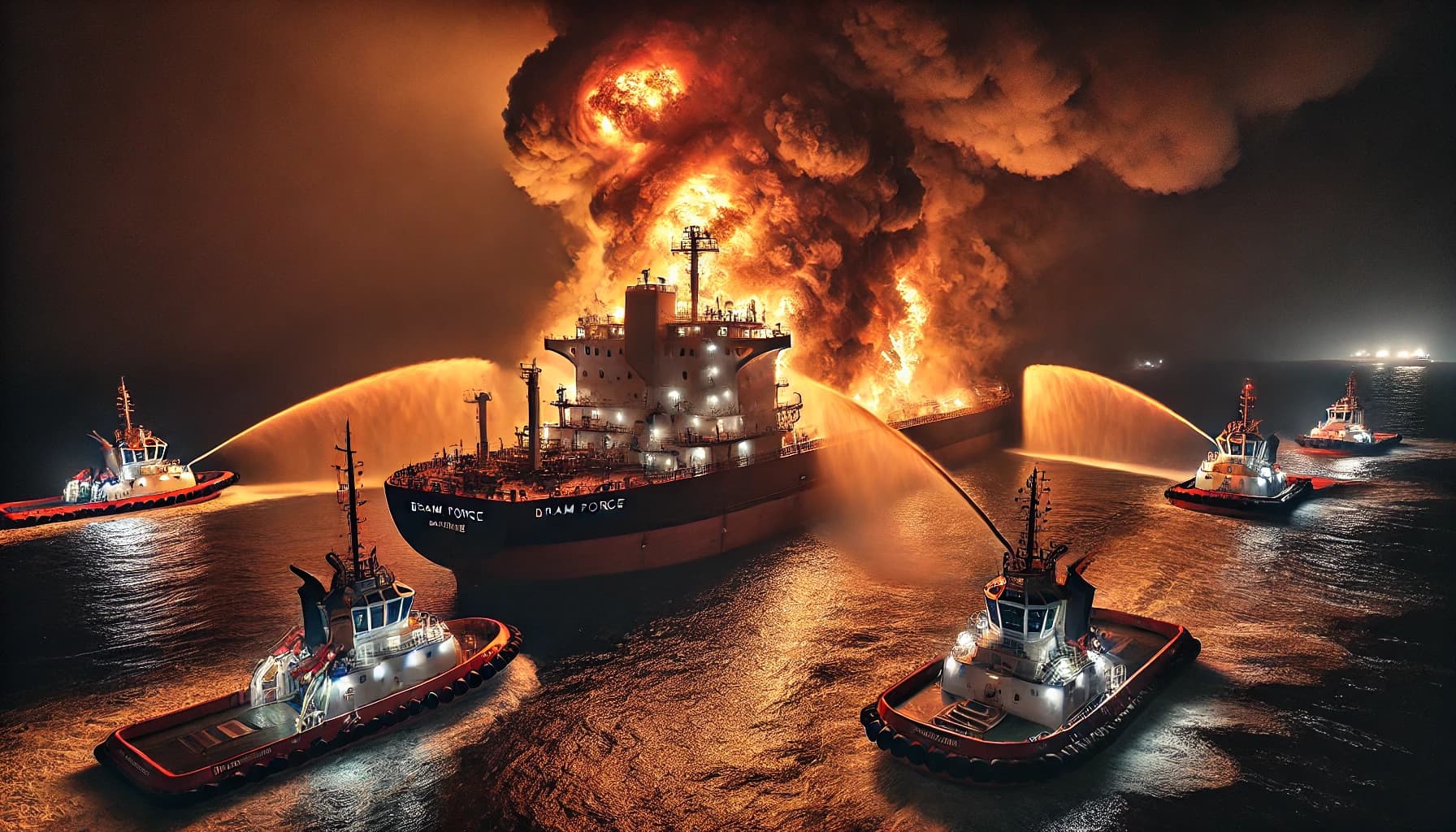 A fire aboard an anchor handling tug vessel being extinguished by smaller boats