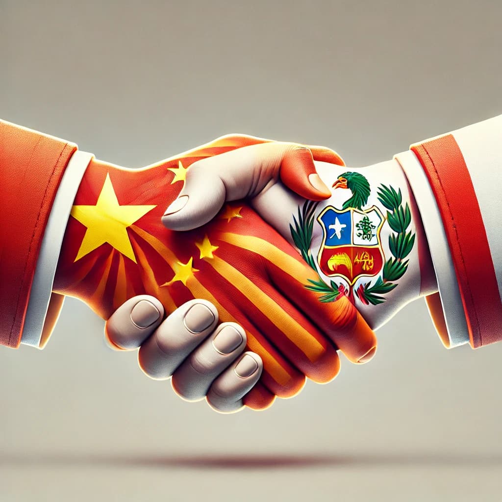 Two shaking hands adorned with the Chinese and Peruvian flags