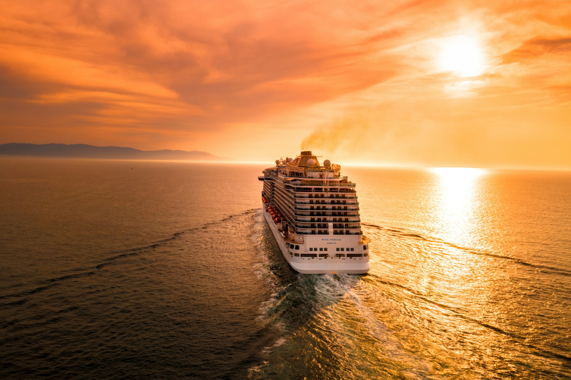 The Royal Princess cruise ship at sunset