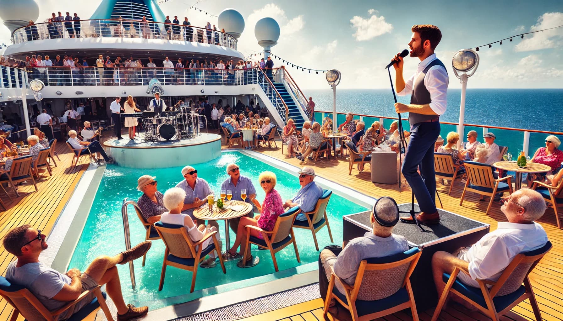 A singer performing to guests by the pool on a cruise ship