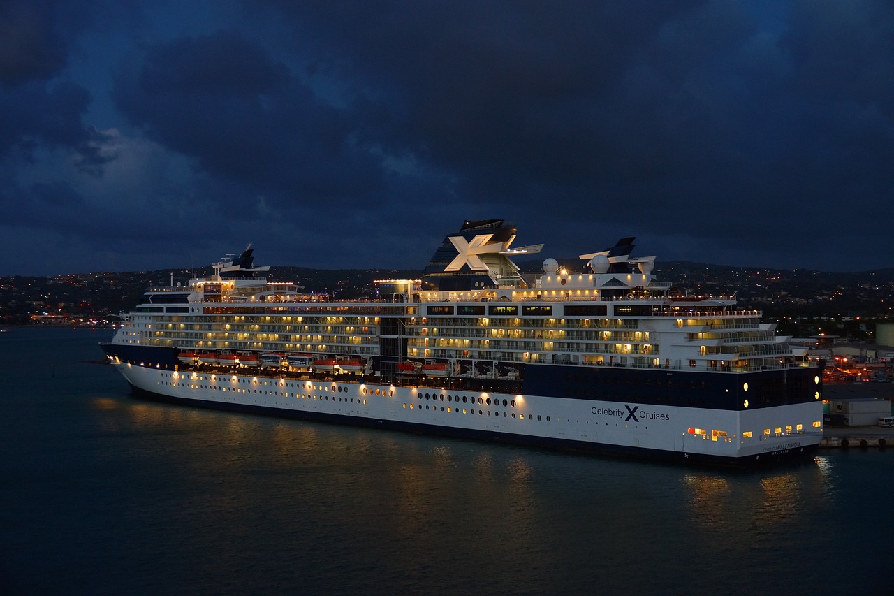 A Celebrity cruise ship at night