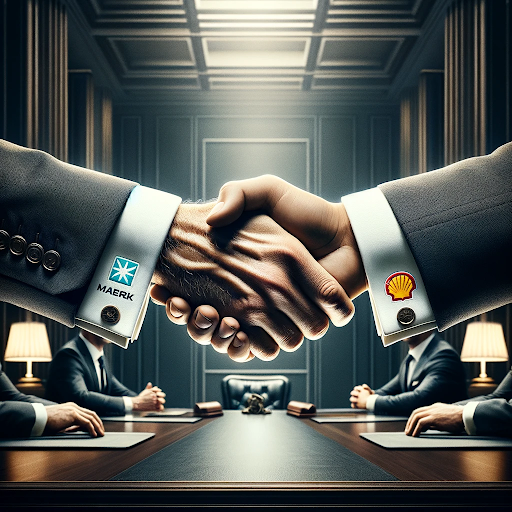 AI generated image of two businessmen shaking hands in a boardroom with the Maersk and Shell logos on their shirt cuffs