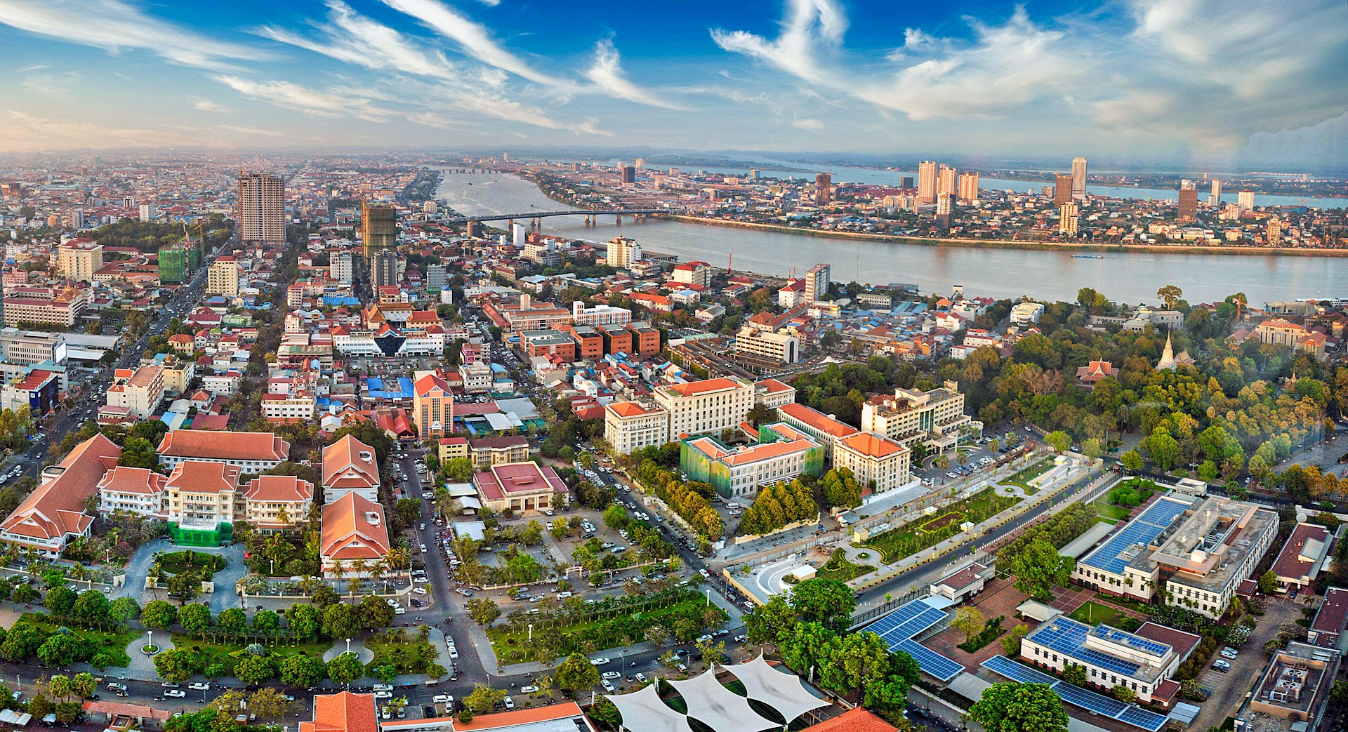 Aerial view of the river running through Phnom Penh