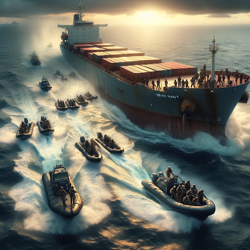 AI generated image of the Indian Navy rescuing seafarers from a hijacked bulk carrier