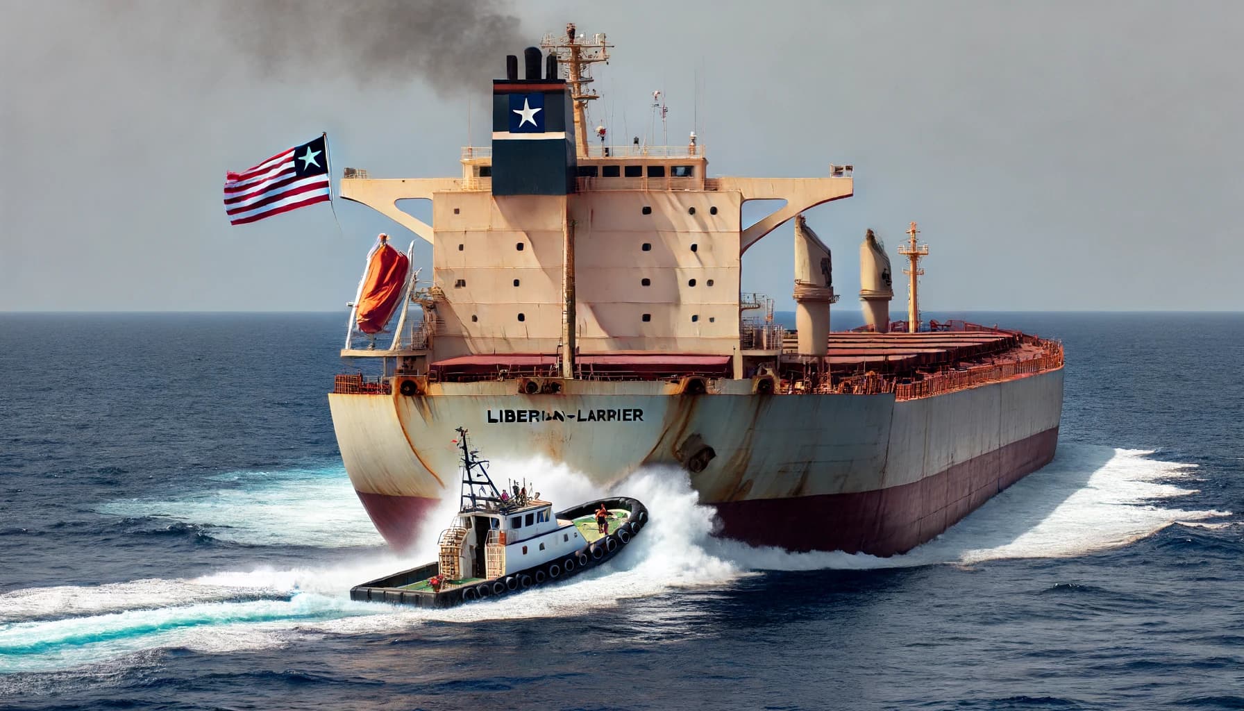 A Liberian-flagged bulk carrier being attacked by a small white craft