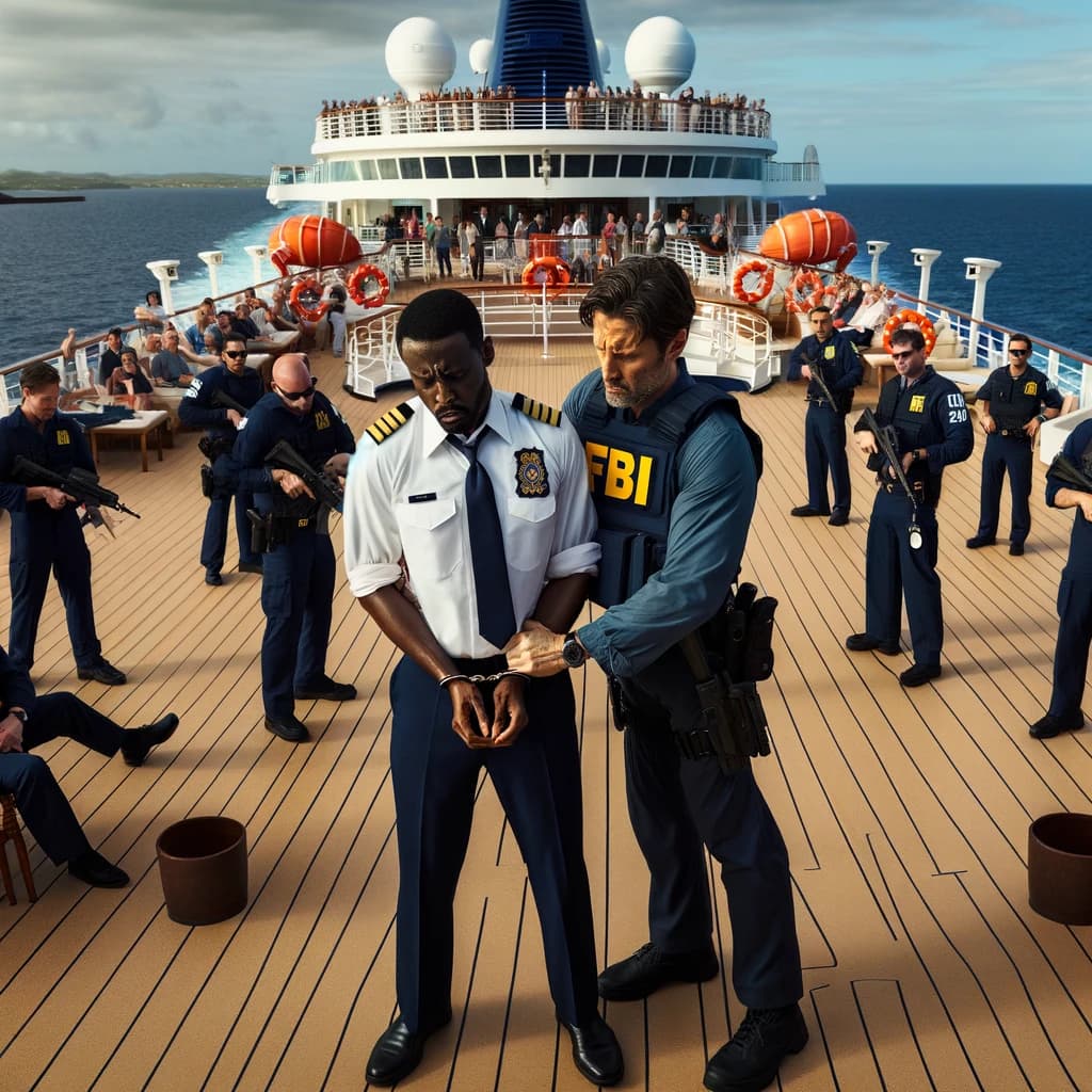 AI generated image of the FBI arresting a crew member of a cruise ship