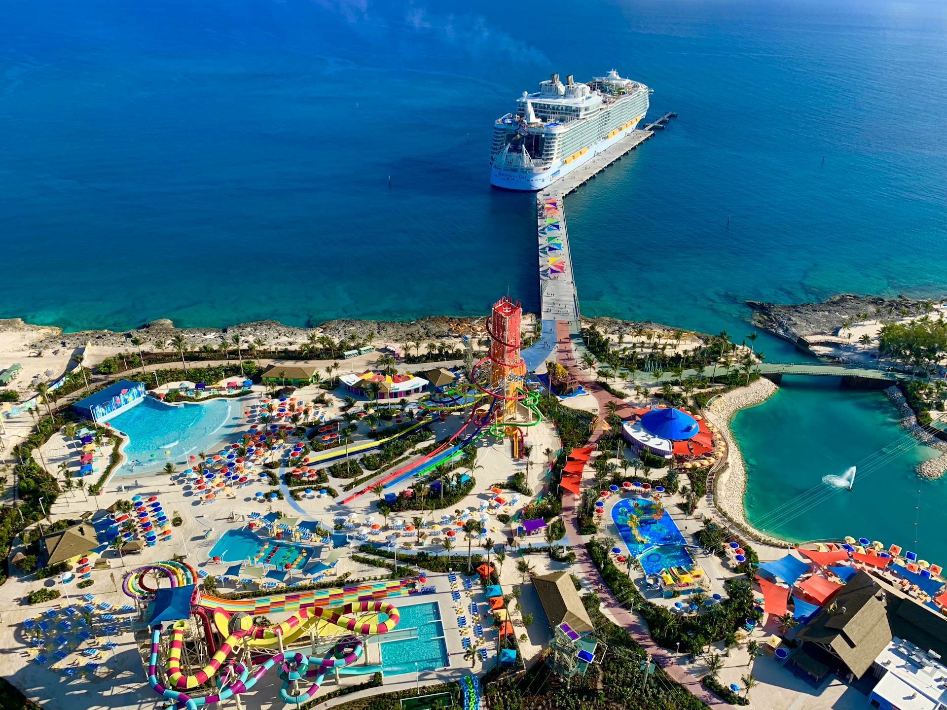 A cruise ships docked at CocoCay, Bahamas