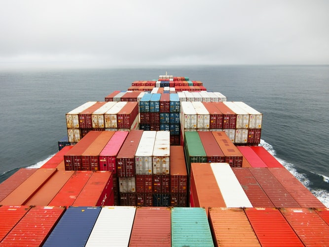 Containers of a ship as viewed from the bridge