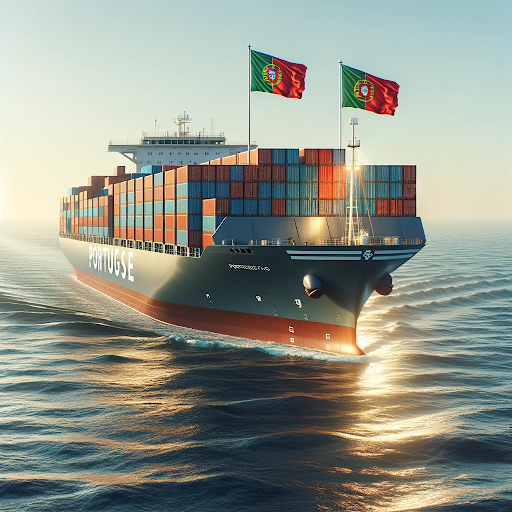 AI generated image of a container ship flying the Portuguese flag