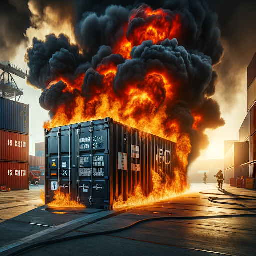 A shipping container on fire in a port