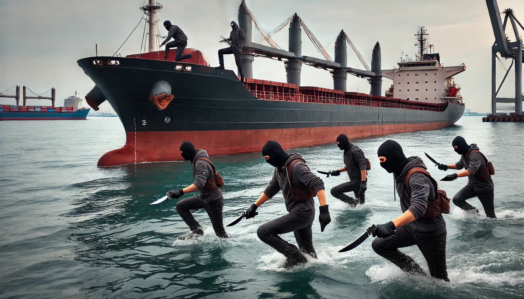 Pirates with knives approaching a bulk carrier