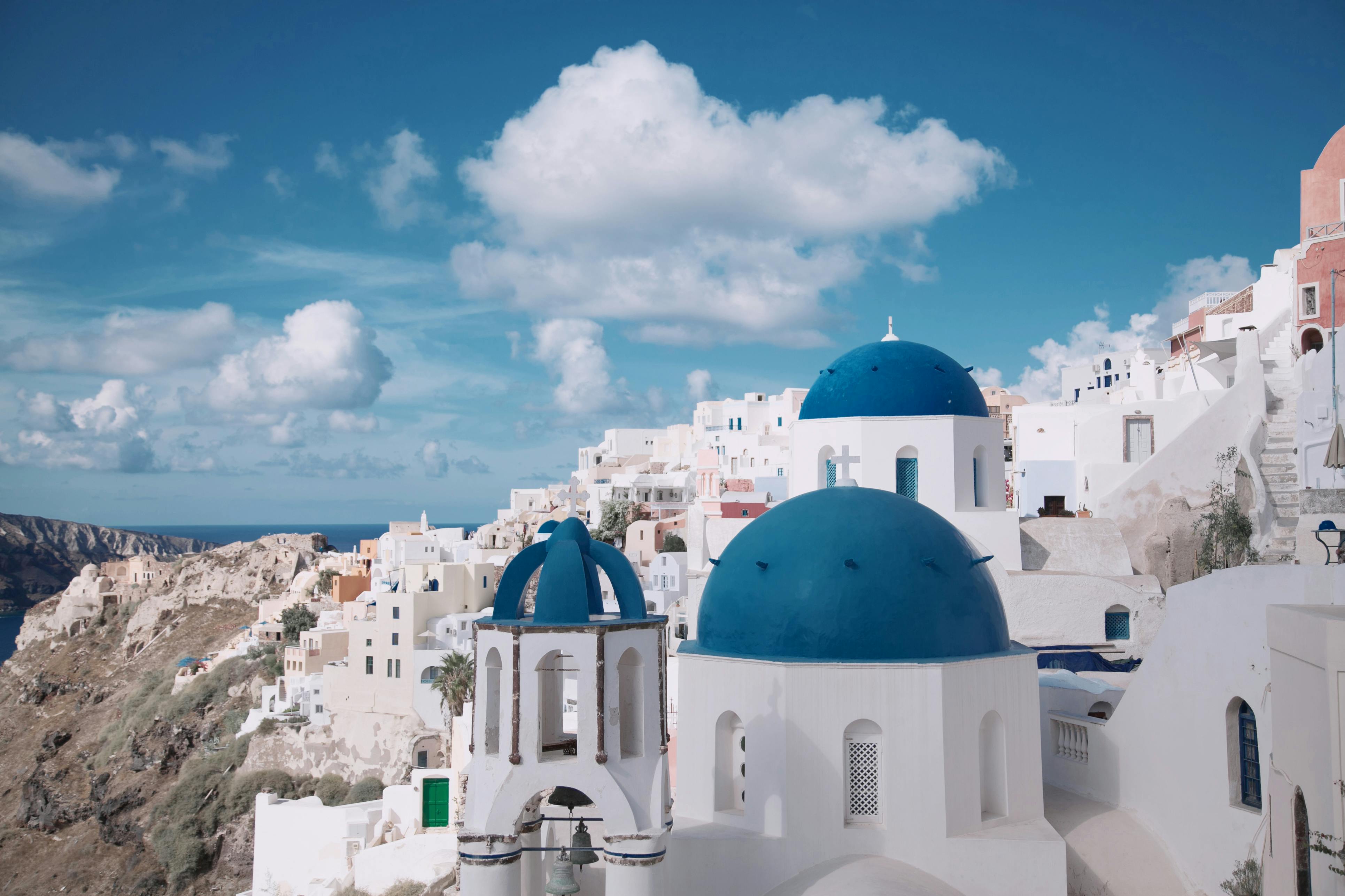 Blue domed churches in Santorini, Greece