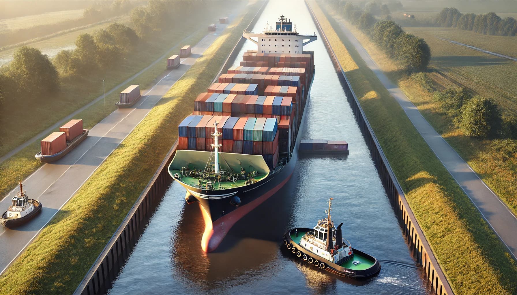 A container ship run aground in a canal