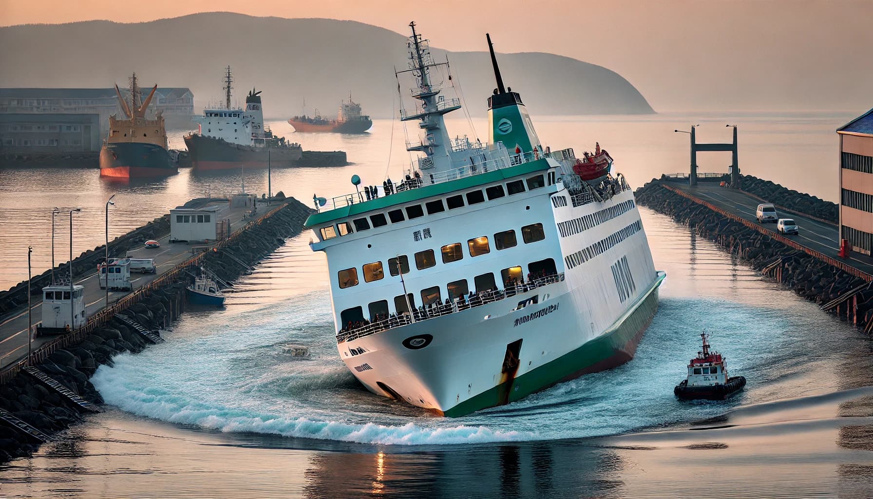 A ferry running aground in a small harbor