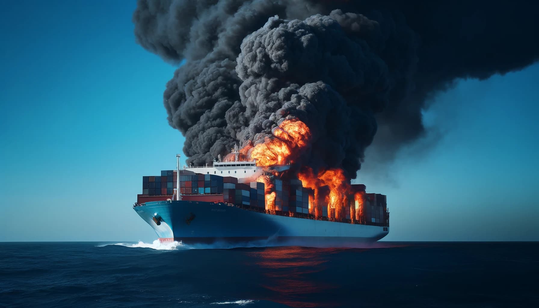 A container ship on fire at sea