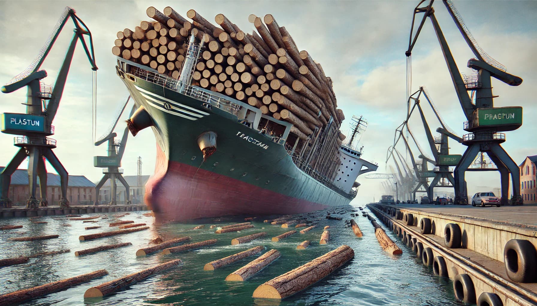 A cargo ship carrying timber tiliting while docked in port