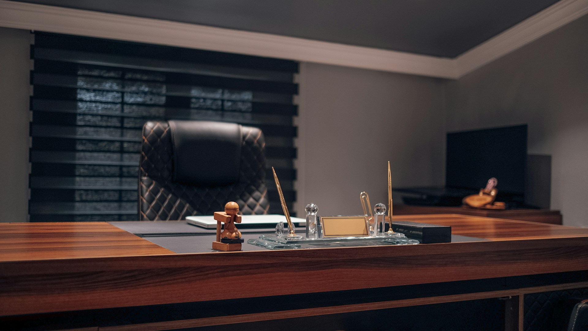 A judge's desk in a courtroom