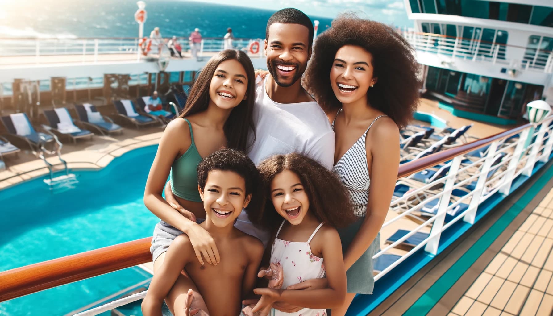 AI generated image of a happy family on the deck of a cruise ship