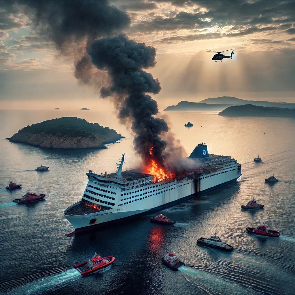 A passenger ferry on fire in the Balearic Islands