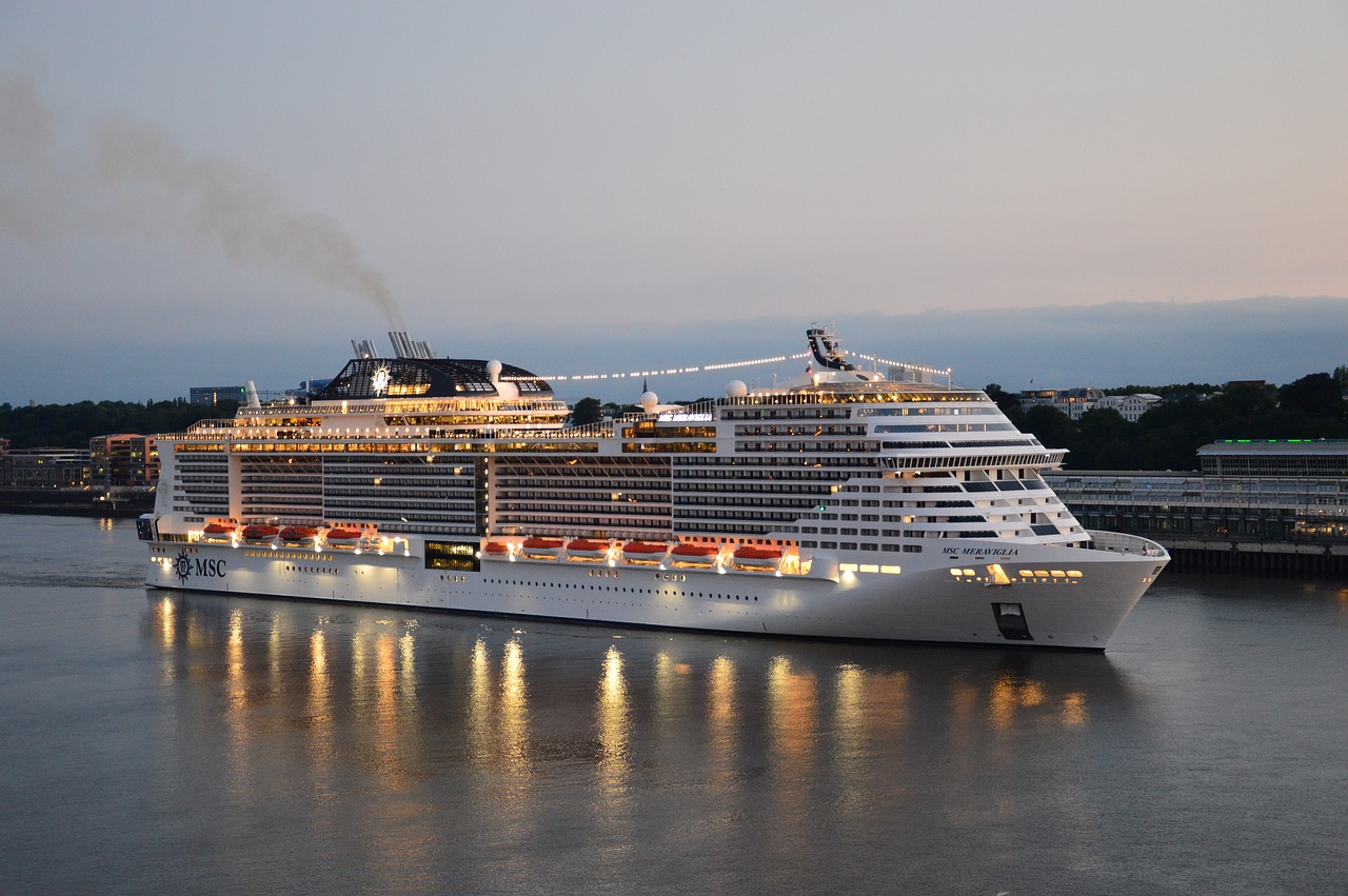 An MSC cruise ship at dusk