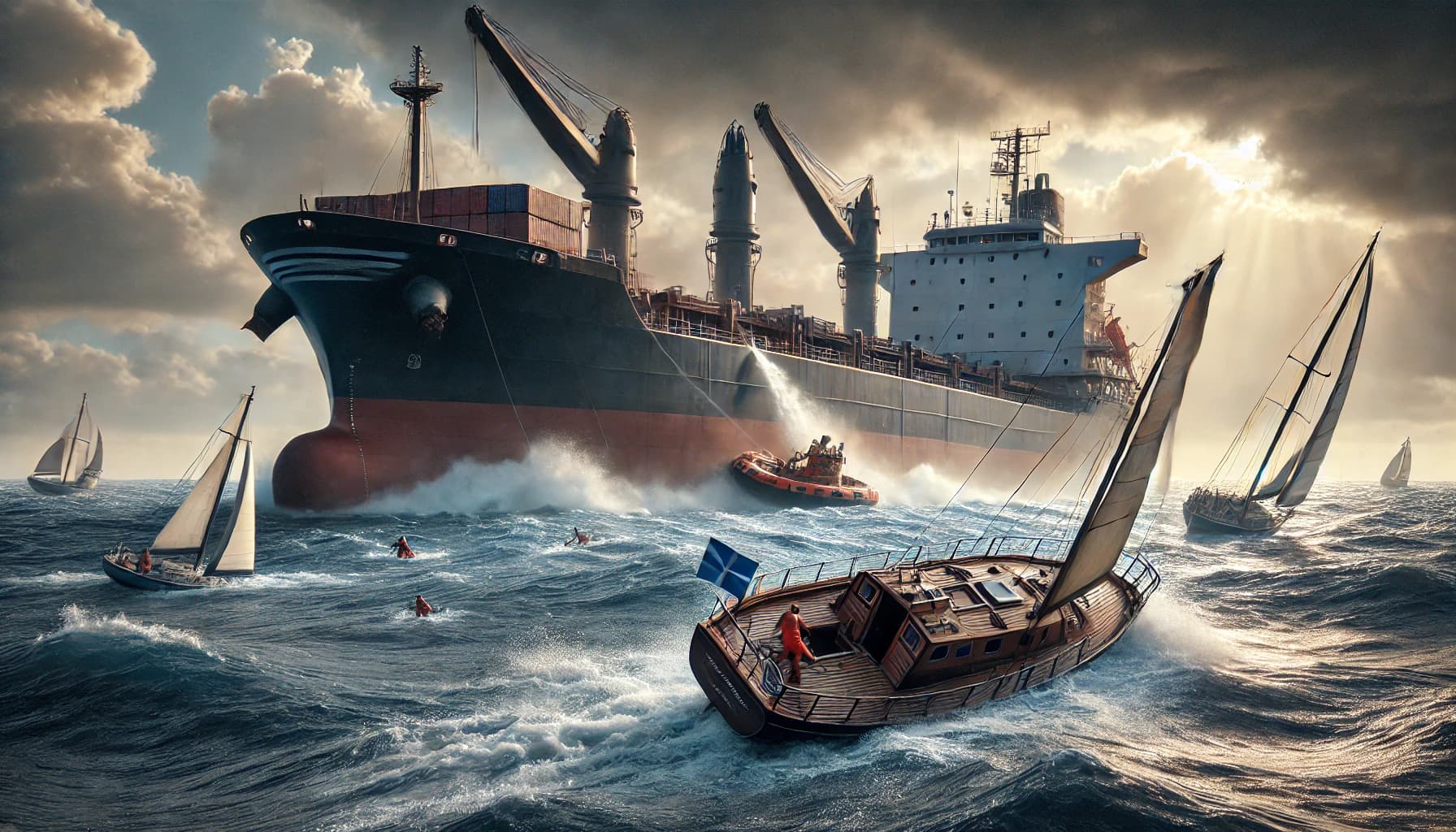 A rescue boat dispatched from a cargo ship to rescue a sailor