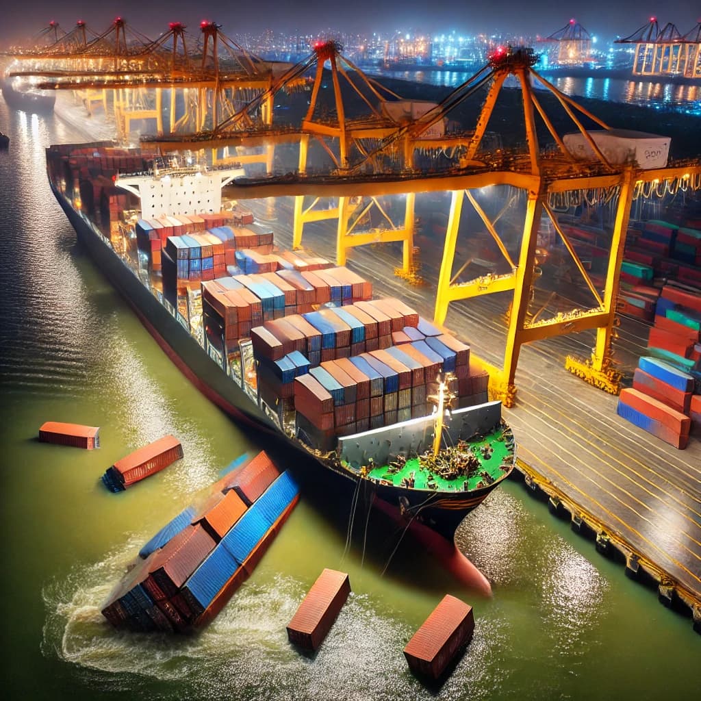 Containers falling off a container ship in port