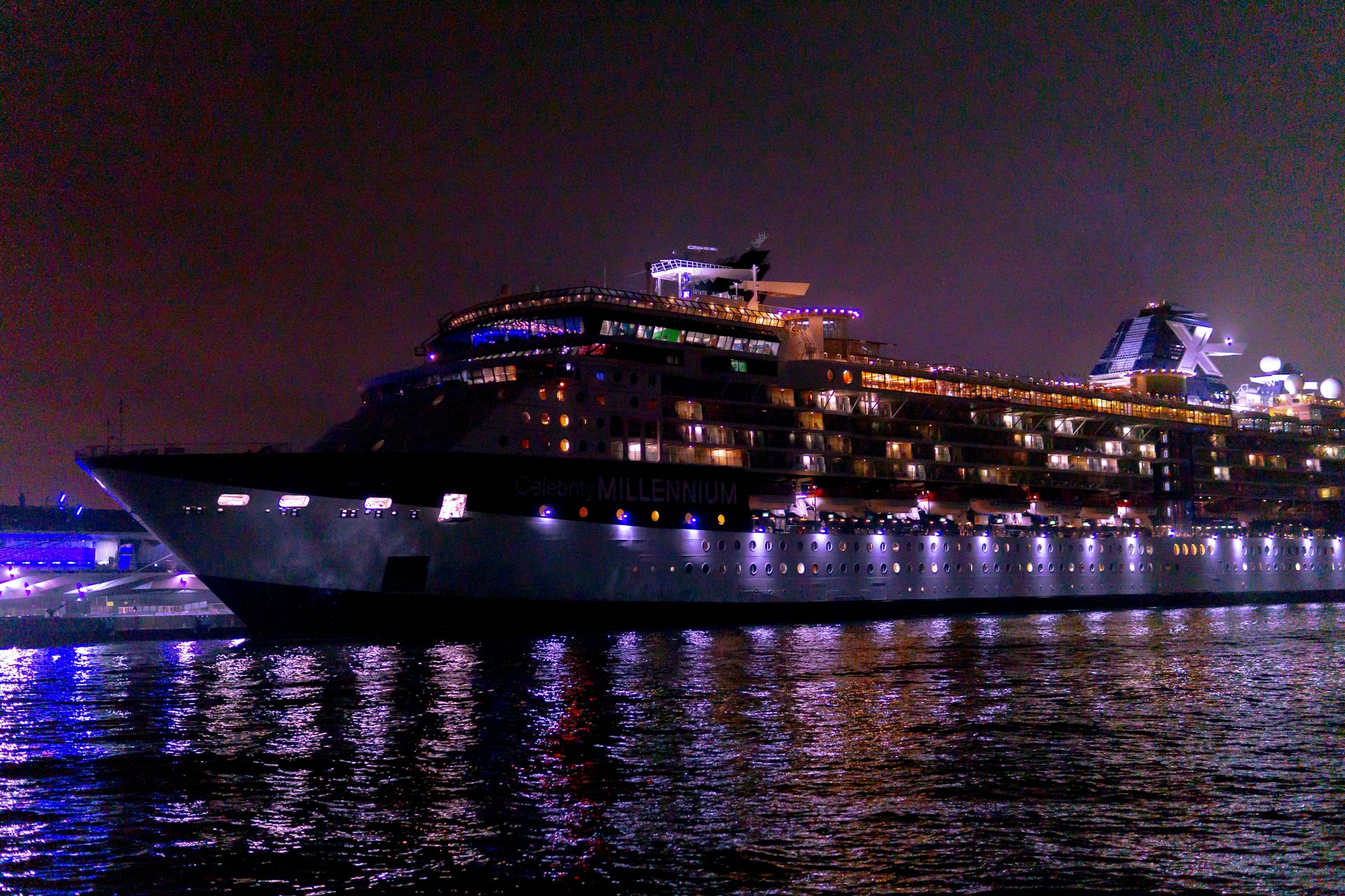 The Celebrity Millennium cruise ship at night