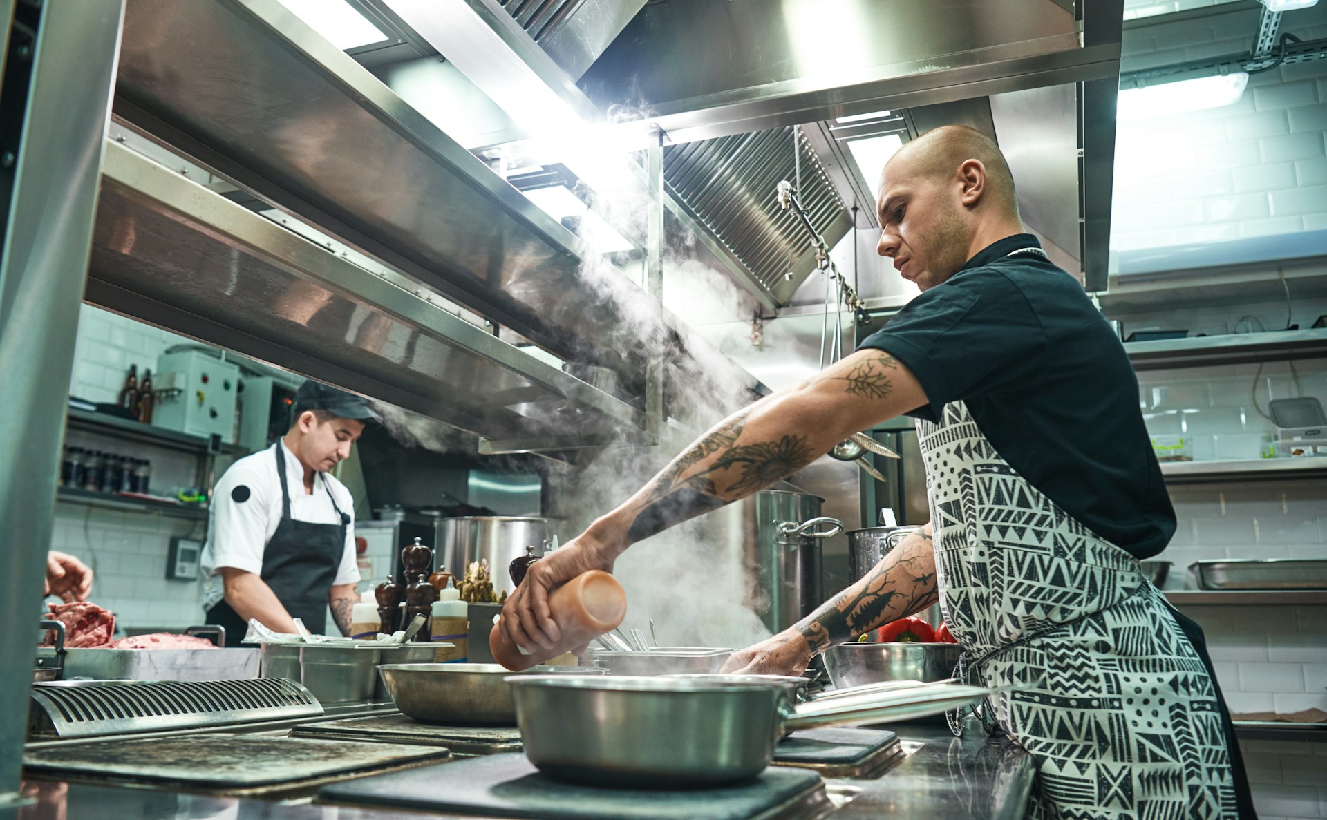 Cooks in a commercial kitchen