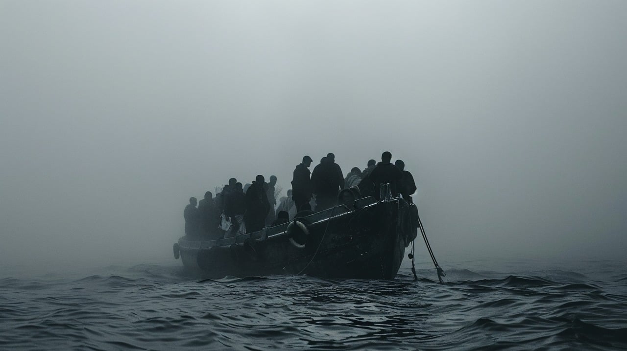 Refugees in a small boat at sea