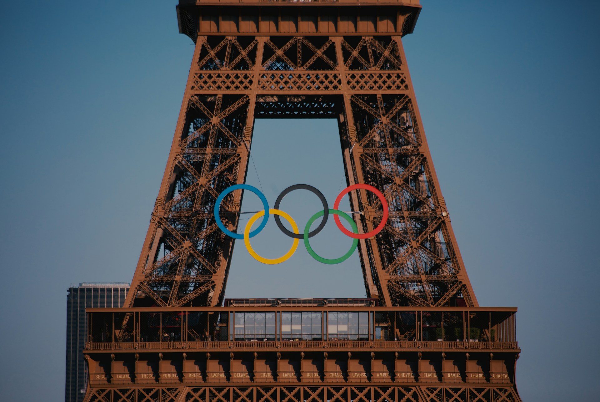 Close up of the Eiffel Tower with the Olympic rings 